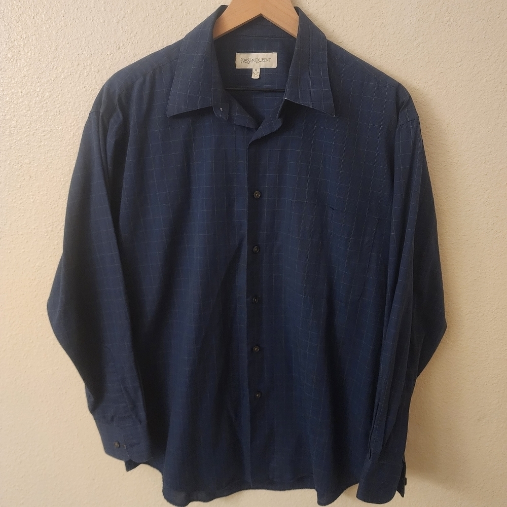 Yves Saint Laurent Longsleeve Blue Plaid Button-down Dress Shirt Mens sz Large